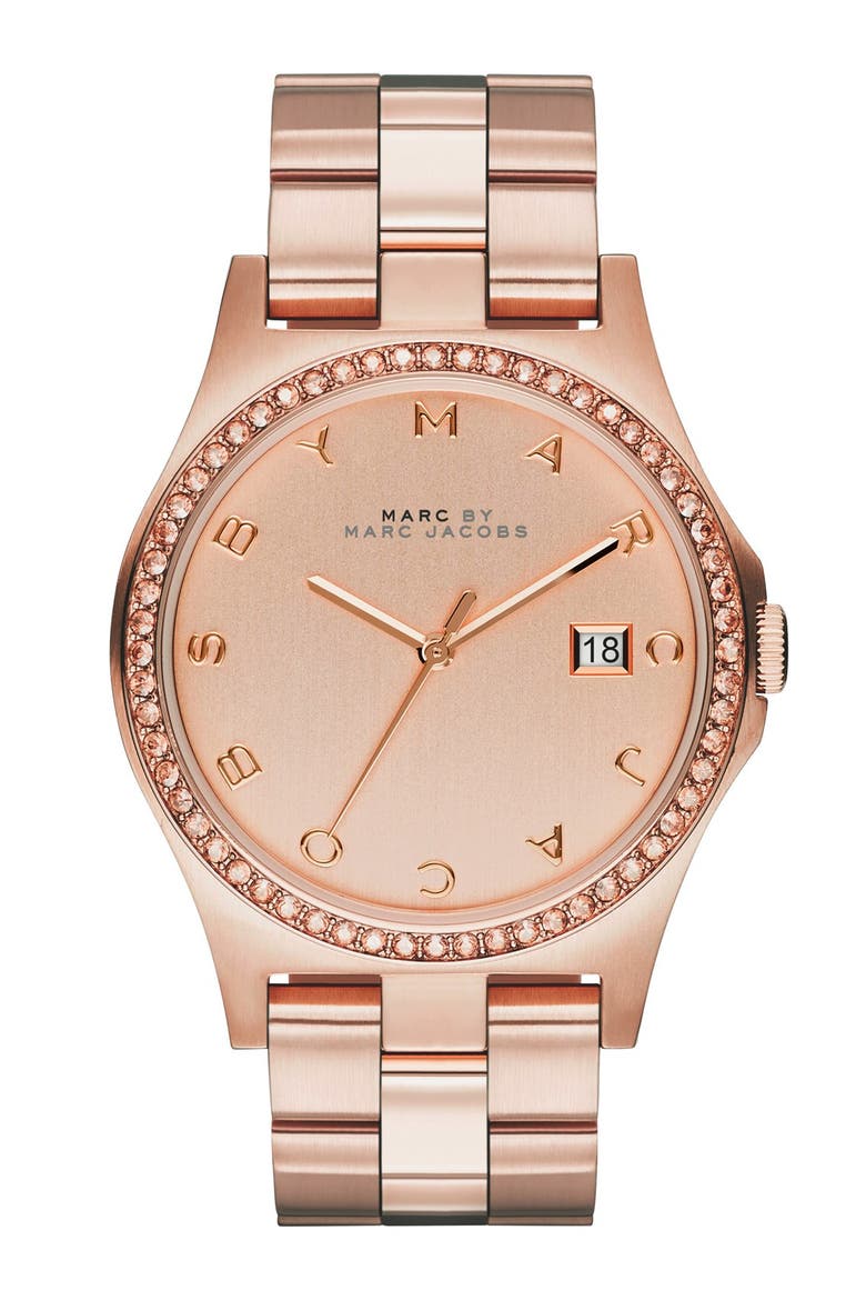 'Henry' Crystal Bezel Bracelet Watch, 40mm, Main, color, ROSE GOLD
