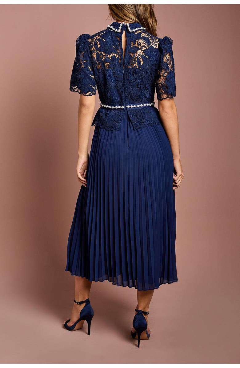 Coast Lace Top Pleat Skirt Jewel Button Dress, Alternate, color, Navy