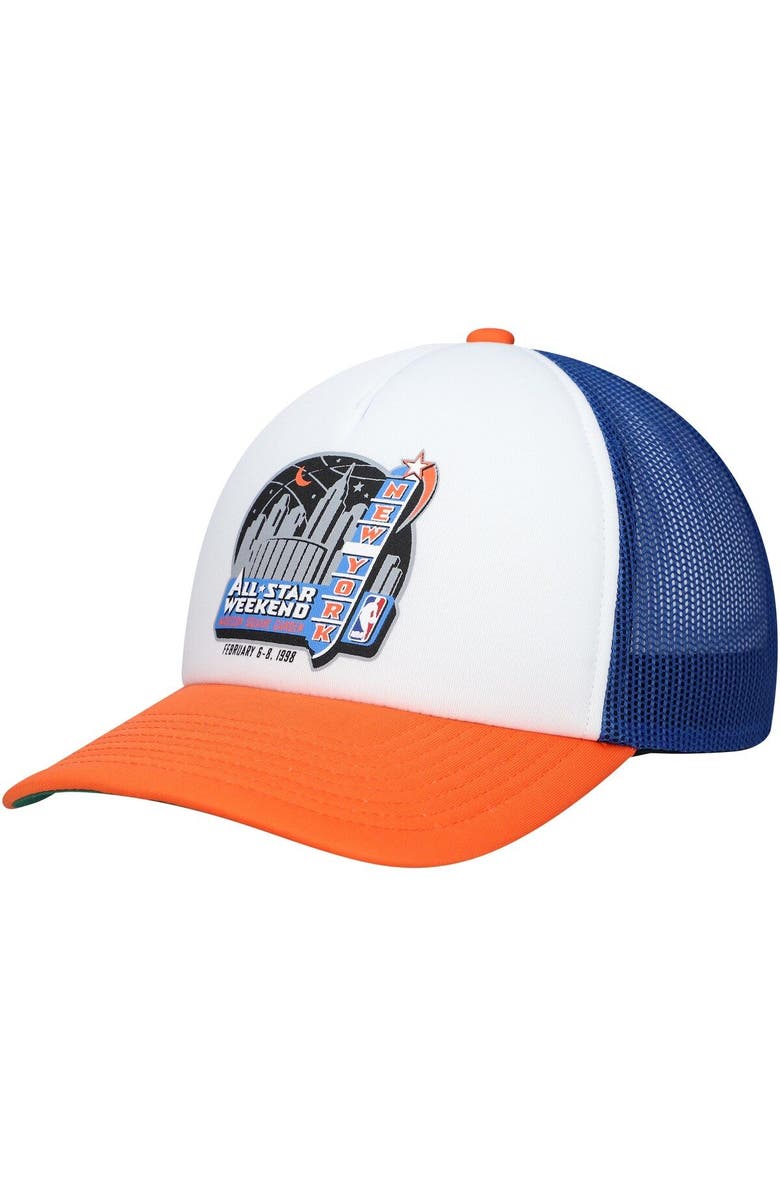 Mitchell & Ness Men's Mitchell & Ness White New York Knicks Hardwood Classics Party Time Trucker Snapback Hat, Alternate, color,