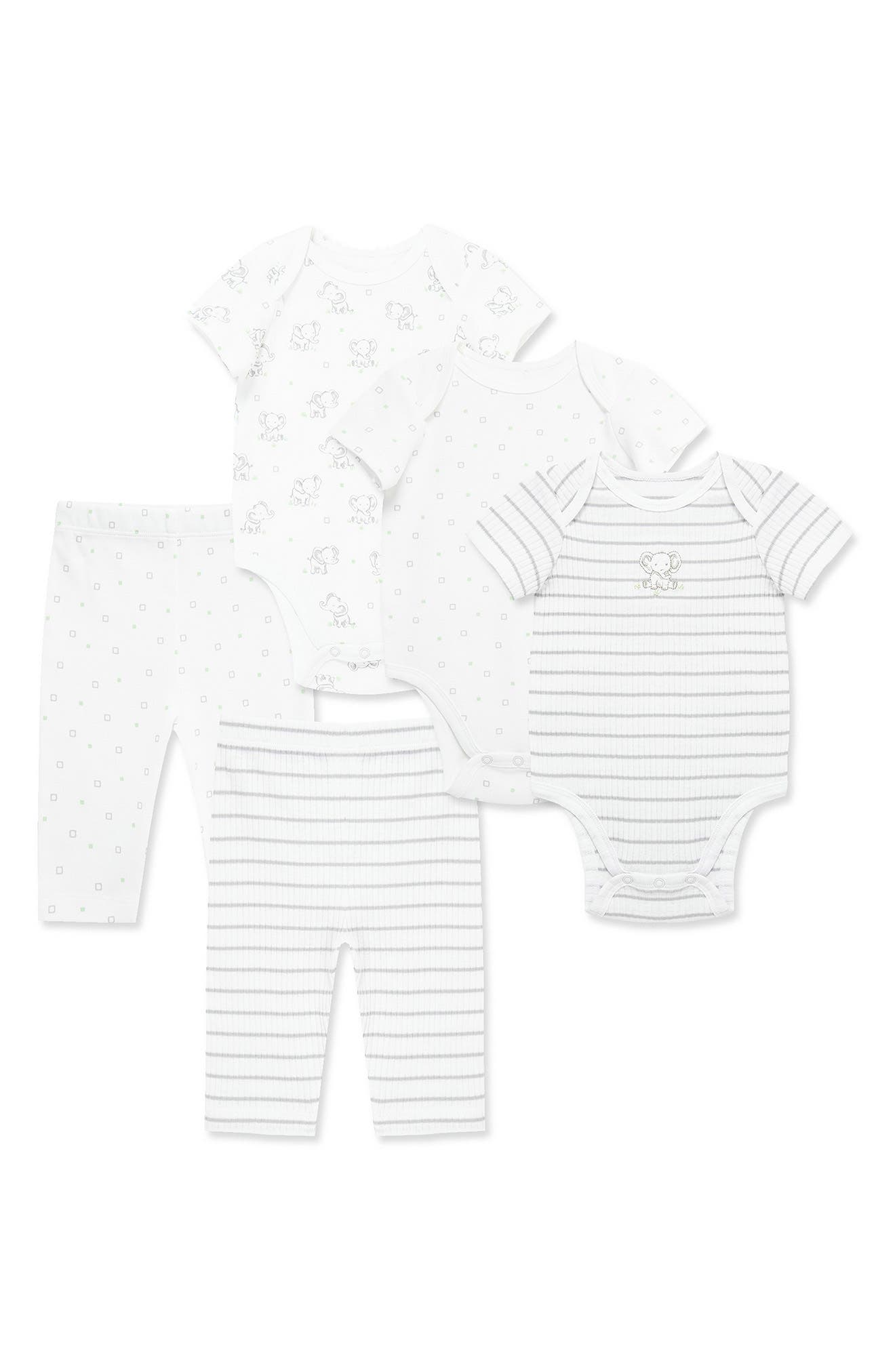 Little Me 5-Piece Elephant Theme Organic Cotton Bodysuit & Pants Set