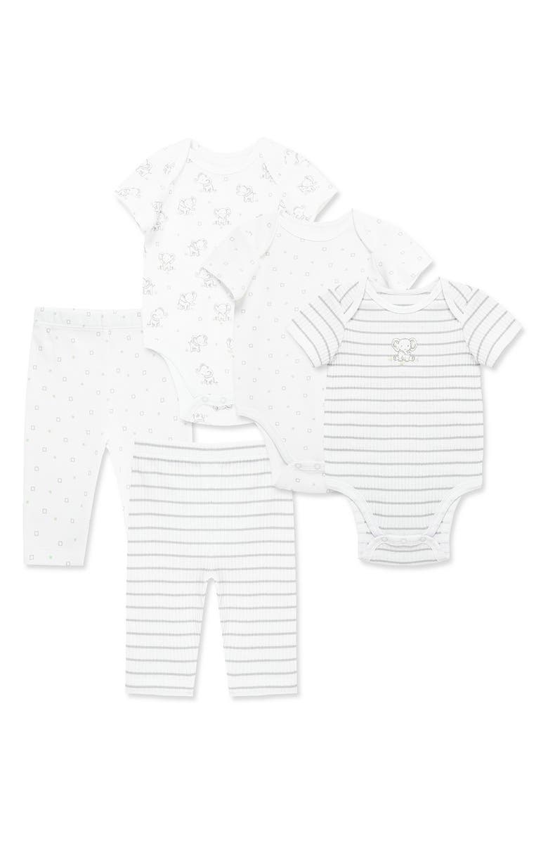 Little Me 5-Piece Elephant Theme Organic Cotton Bodysuit & Pants Set, Main, color, White