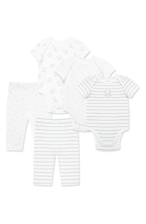 5-Piece Elephant Theme Organic Cotton Bodysuit & Pants Set (Baby)