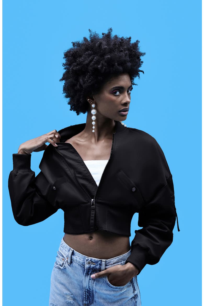 Shrunken Nylon Bomber Jacket, Alternate, color, BLACK