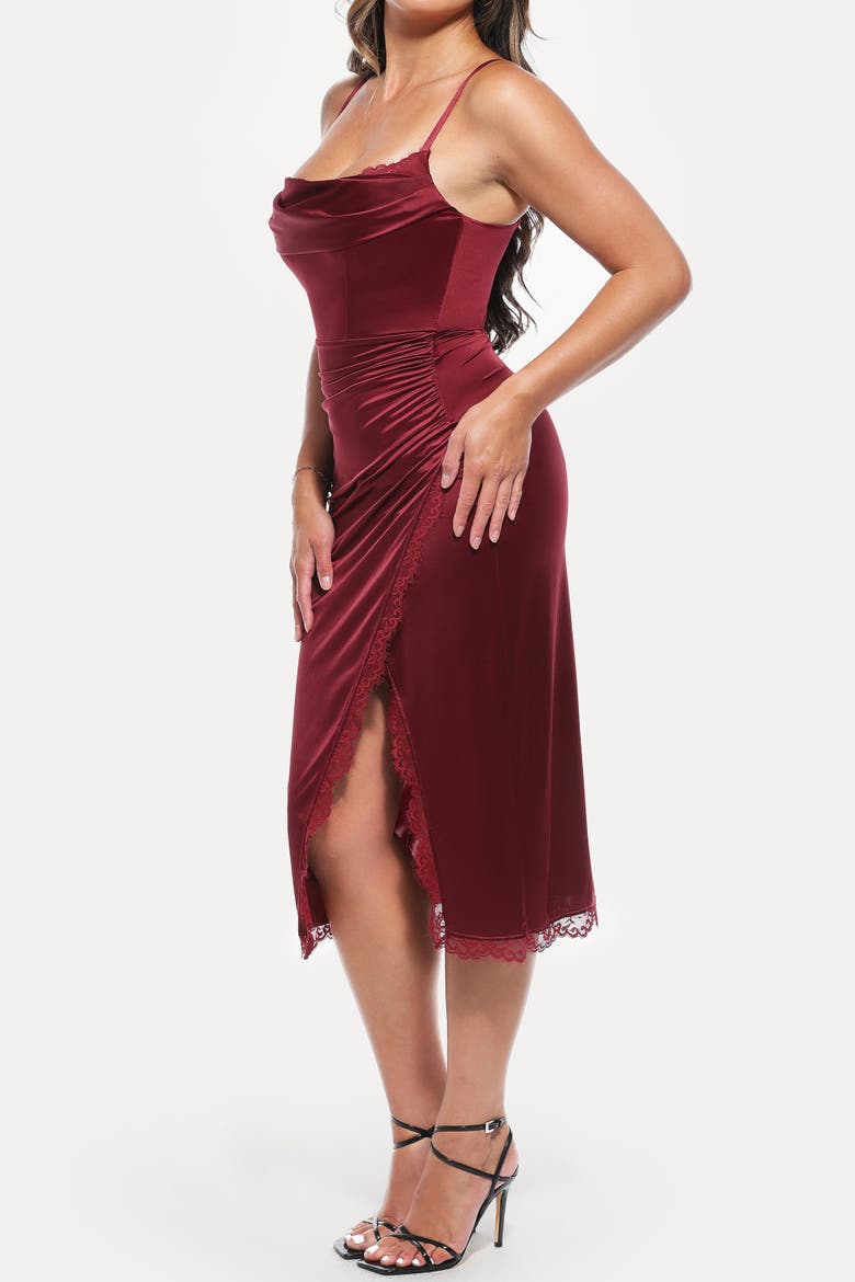 Resort-Ready Lace Trim Sculpting Floral-Print Midi Shaper Dress, Alternate, color, Mahogany Red