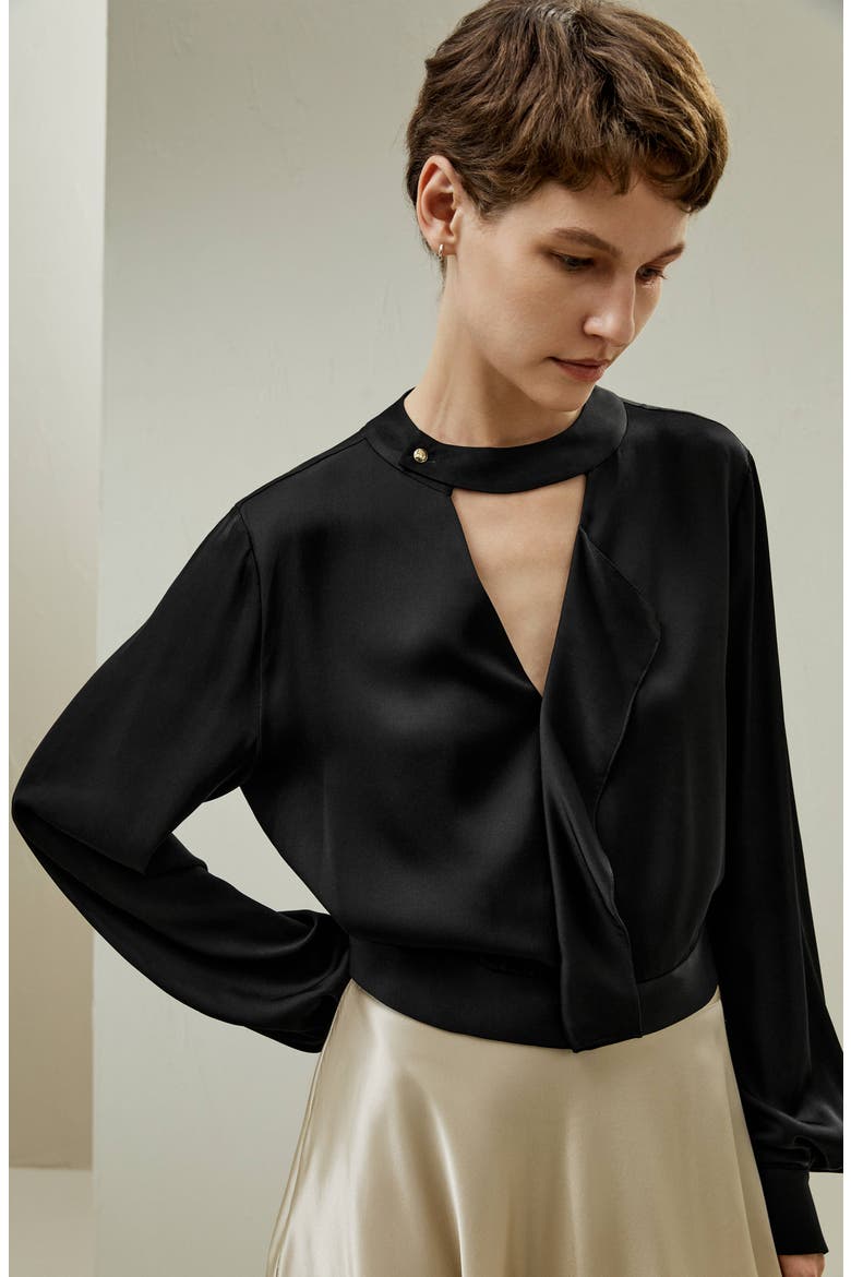 V Neck Collared Silk Shirt, Alternate, color, Black