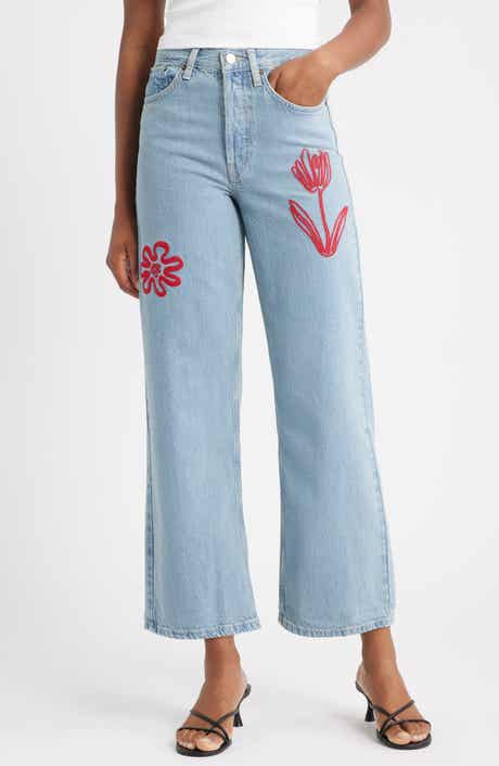 Topshop Embroidered Mid Rise Relaxed Straight Leg Jeans