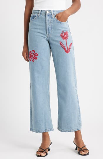Topshop Embroidered Mid Rise Relaxed Straight Leg Jeans In Blue