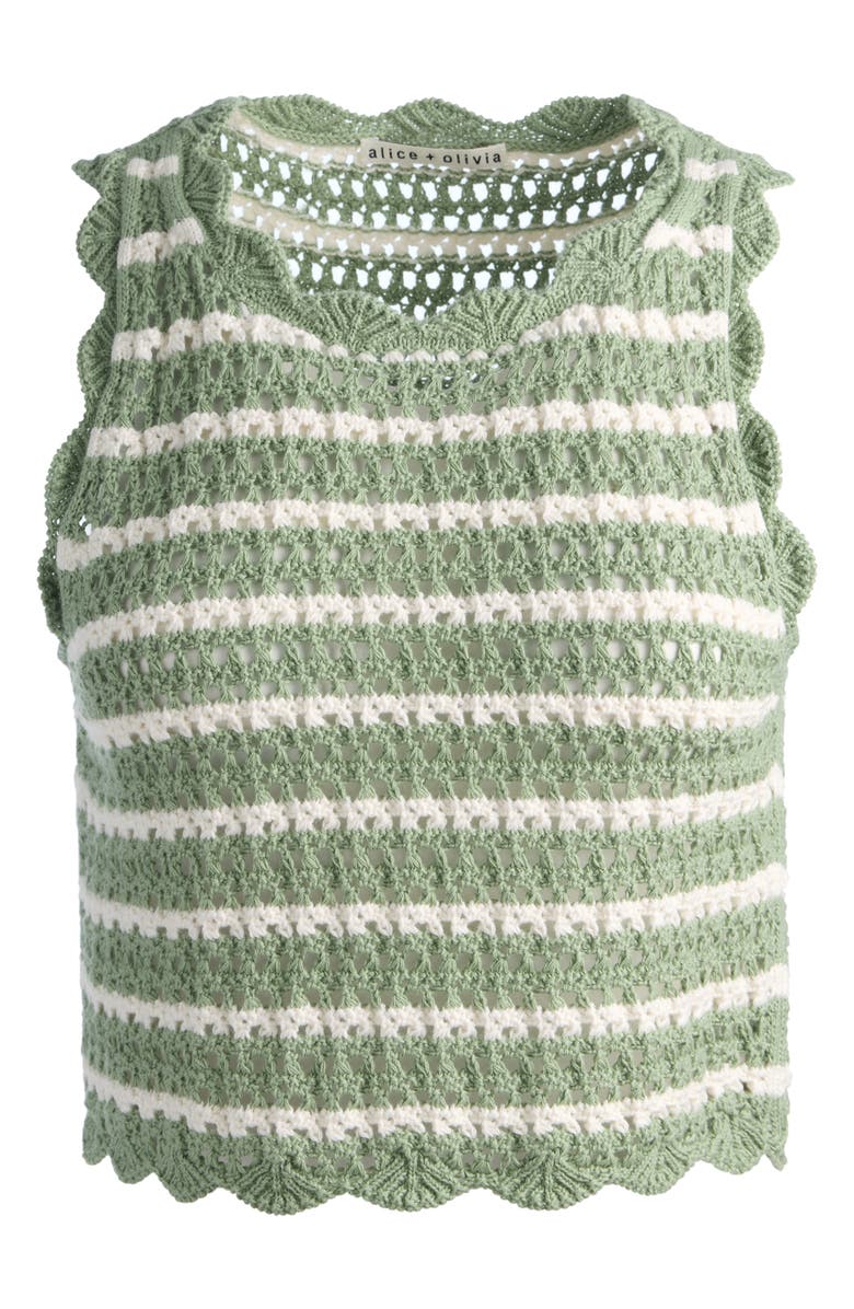 Alice + Olivia Ciara Crop Stripe Pointelle Knit Top, Alternate, color, Sage/ Soft White