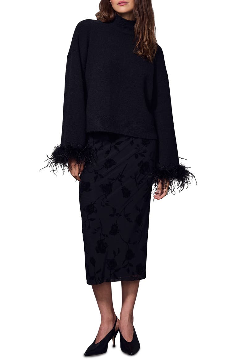 Feather Trim Mock Neck Sweater, Alternate, color, BLACK