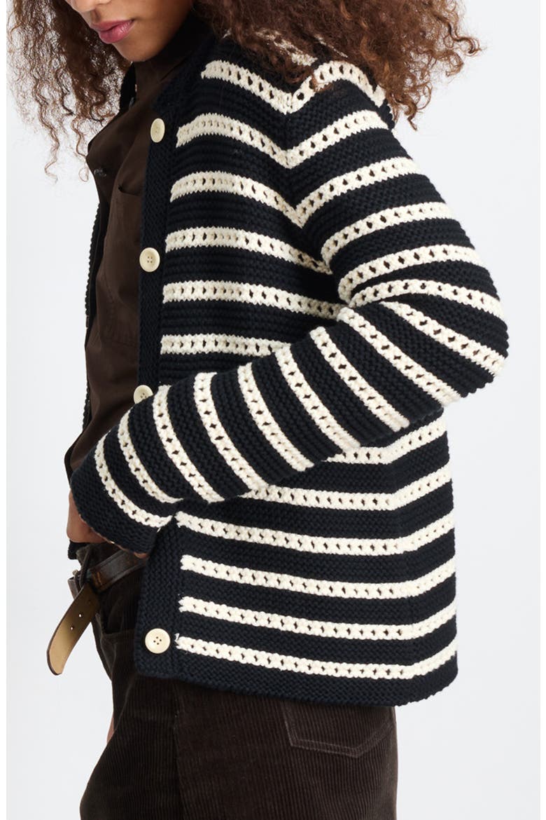 Haley Stripe Cotton Cardigan, Alternate, color, BLACK/ IVORY