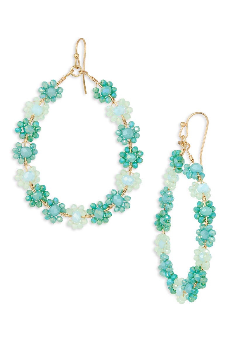 Cyrstal Floral Hoop Earrings, Main, color, BLUE