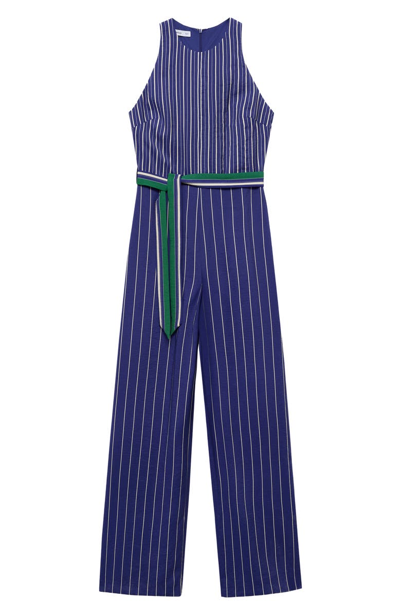 MANGO Stripe Tie Waist Jumpsuit, Alternate, color, Blue