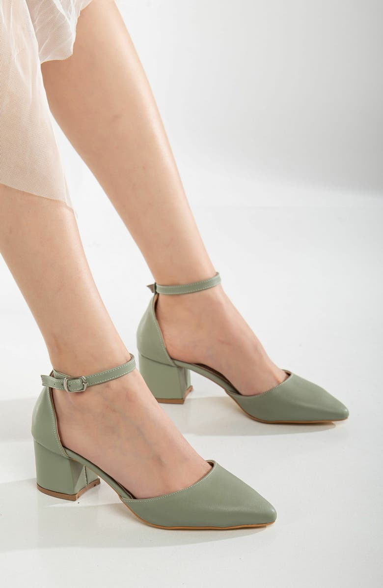Forever & Always Shoes Miranda Low Block Heels with Pearls, Alternate, color, Sage Green Faux Leather