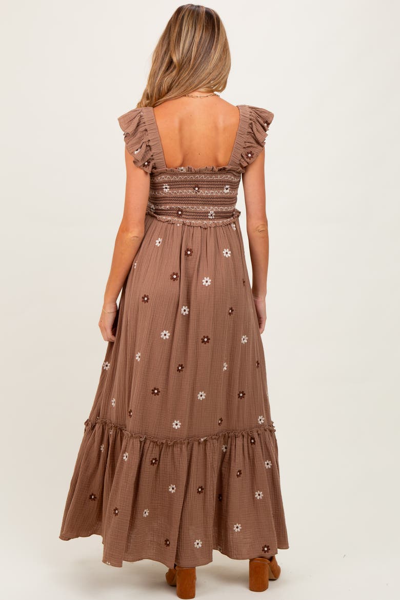 Floral Embroidered Smocked Maxi Dress, Alternate, color, Mocha