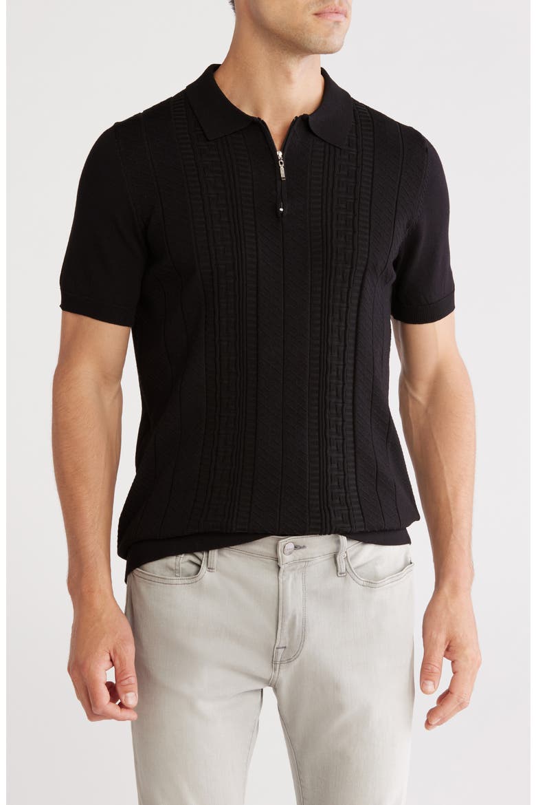Textured Sweater Knit Zip Polo, Main, color, BLACK