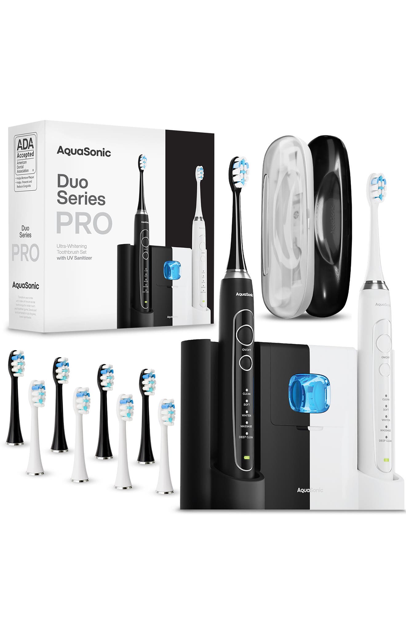 AQUASONIC Pro Home & Travel System Ultra-Whitening Toothbrush Set with UV Sanitizer