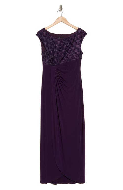 Connected Apparel Novelty Bodice Mock Wrap Dress In Aubergine