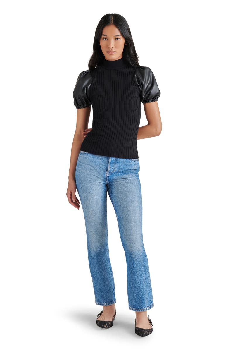 Steve Madden Peggy Mixed Media Faux Leather Sleeve Sweater, Alternate, color,