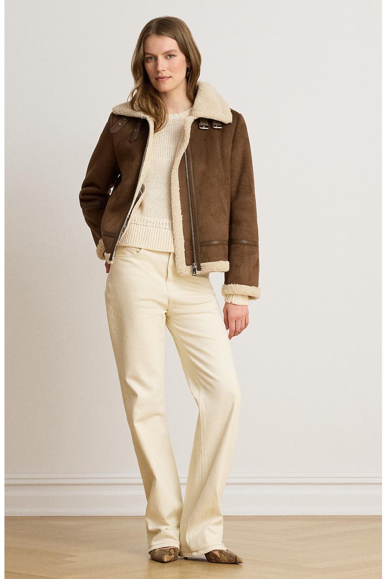 Faux Fur Trim Zip Front Jacket, Alternate, color, TABACCO