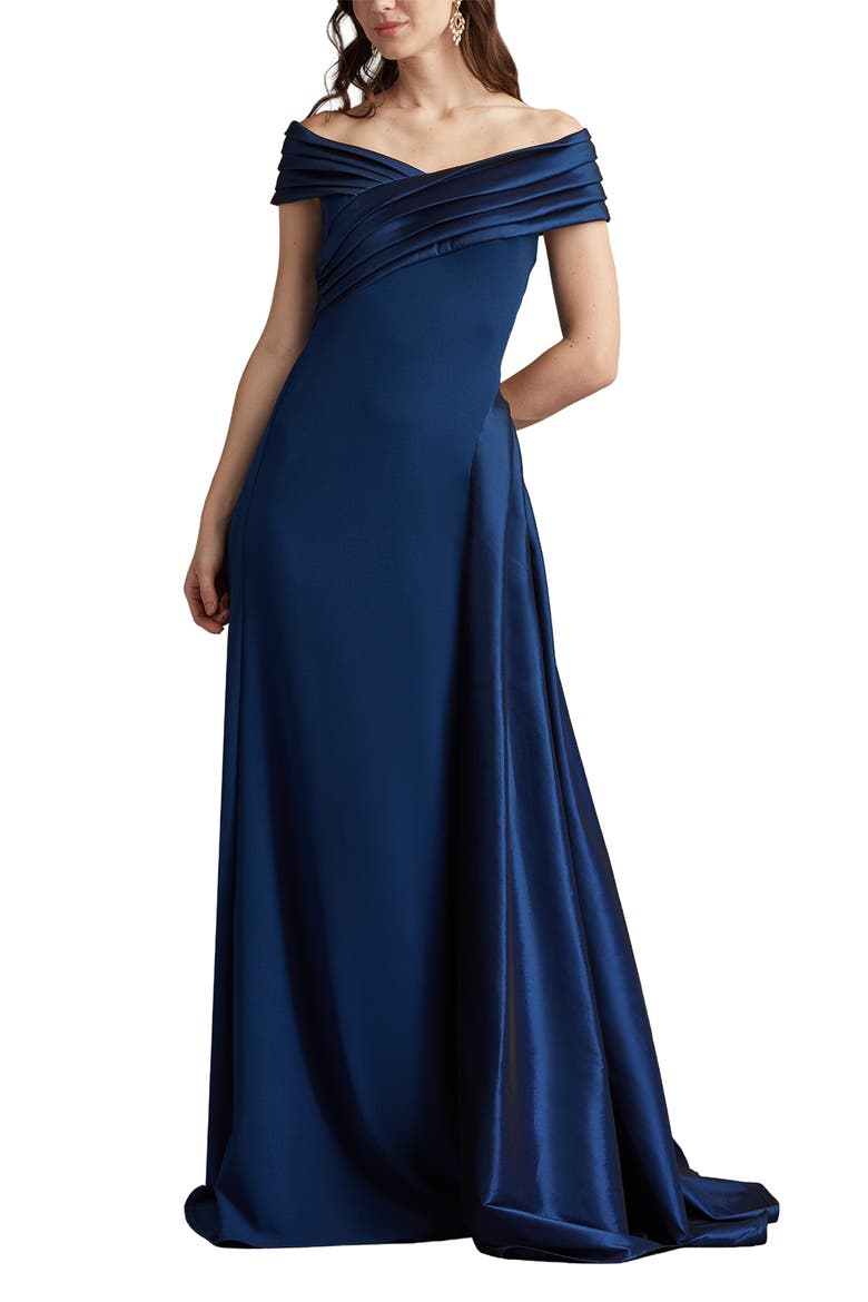 Off the Shoulder Crepe & Taffeta Gown, Main, color, NAVY