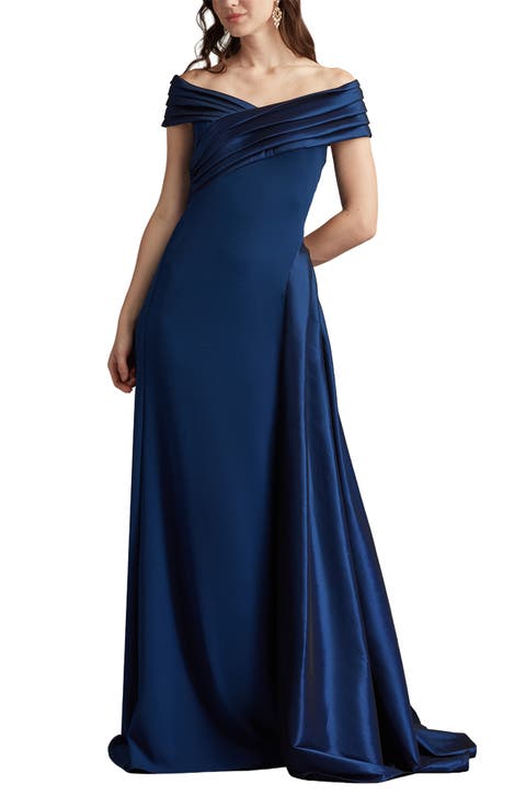 Off the Shoulder Crepe & Taffeta Gown