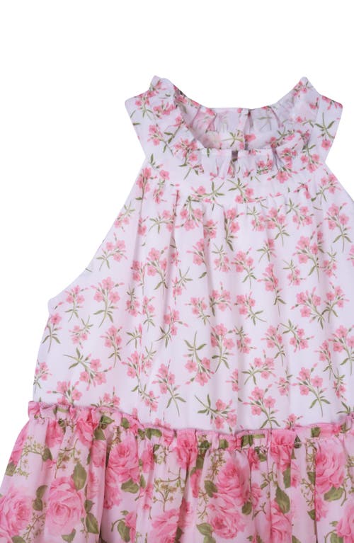 Zunie Kids' Halter Neck Tiered Floral Print Dress In Pink Multi