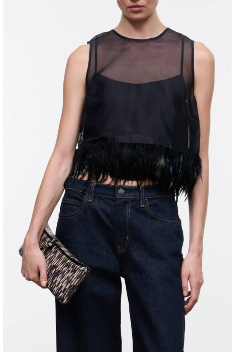Avi Sleeveless Feather Trim Silk Top, Main, color, BLACK