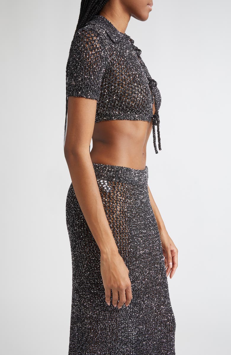 Area Sequin Crochet Crop Cardigan, Alternate, color, Black