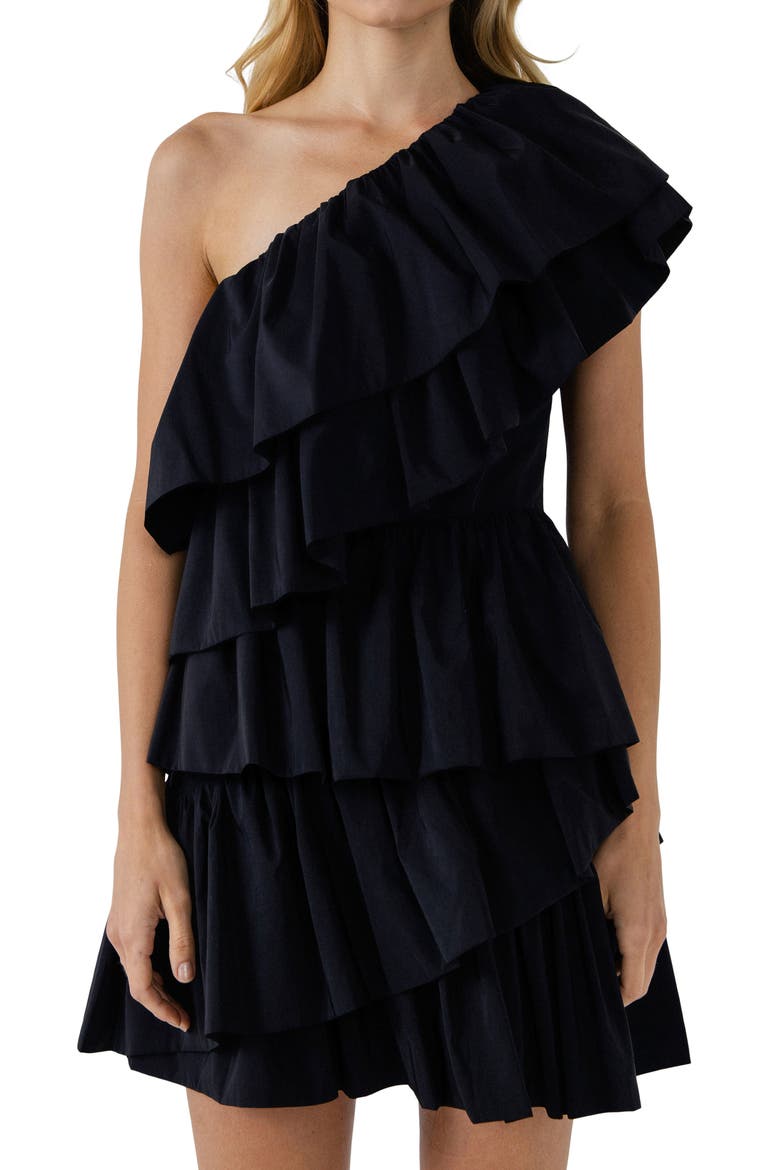 One-Shoulder Ruffle Minidress, Main, color, BLACK