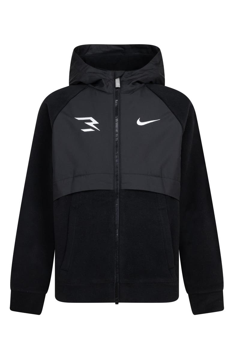 3 Brand Kids' Mixed Media Fleece Zip Hoodie, Main, color, Black