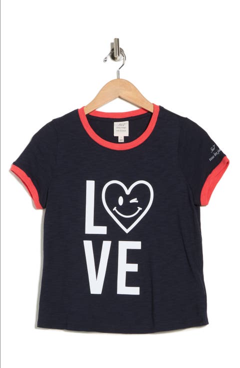 Love Smiley Heart Ringer Graphic T-Shirt
