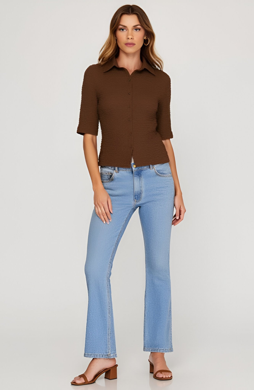 Modenaire Textured Button-up Collared Top In Brown