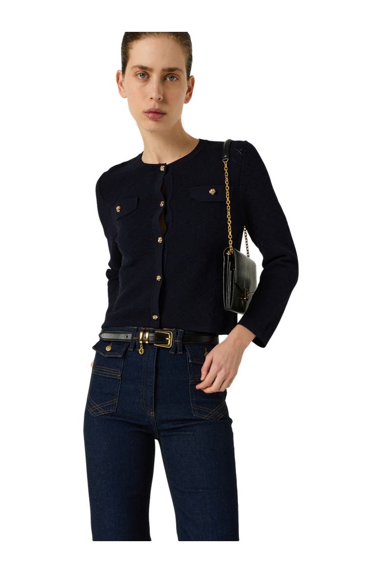 Lubna Button Front Long Sleeve Cardigan, Main, color, Navy Blue
