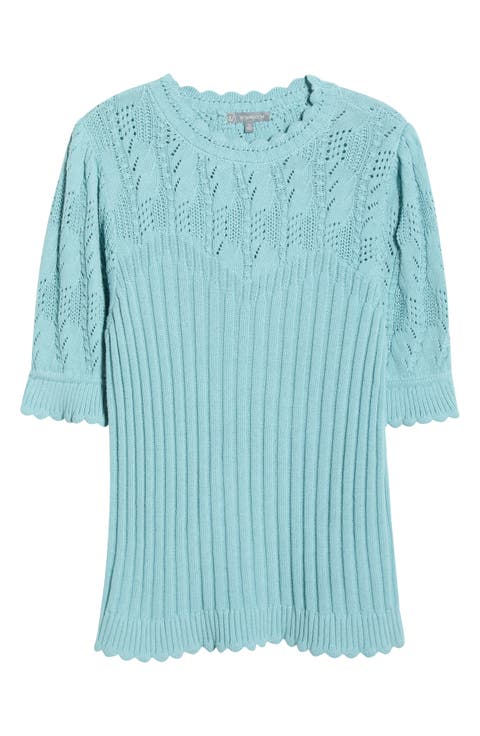 Frill Sleeve Mixed Stitch Cotton Blend Sweater (Plus)