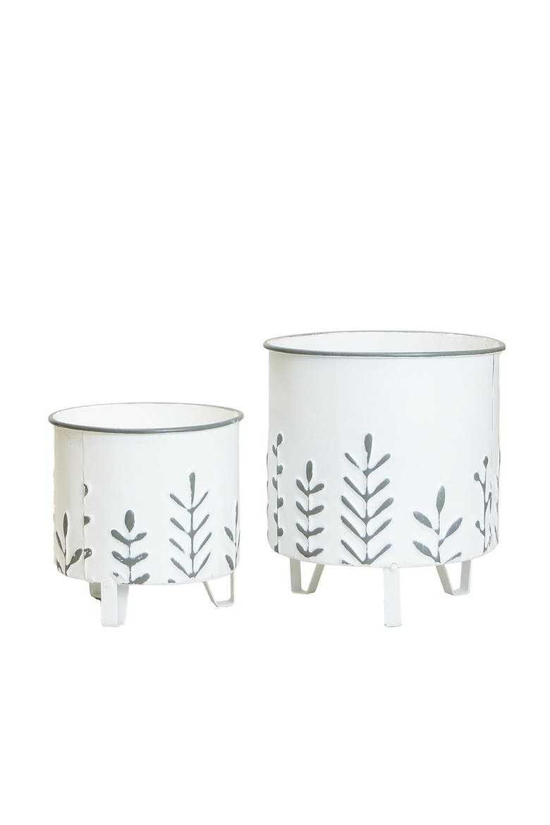Metal White Embossed Floral Planter on Stand Set of 2, 7.5 Inch Decorative Indoor Planters, Main, color, White