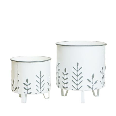 Metal White Embossed Floral Planter on Stand Set of 2, 7.5 Inch Decorative Indoor Planters