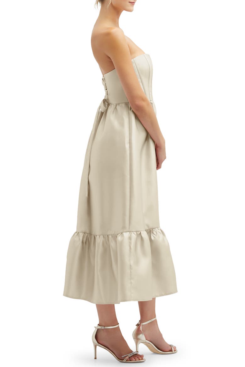 Corset Ruffle Hem Strapless Satin Midi Dress, Alternate, color, CHAMPAGNE