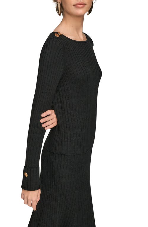 Donna Karan New York Button Shoulder Boat Neck Rib Sweater In Black