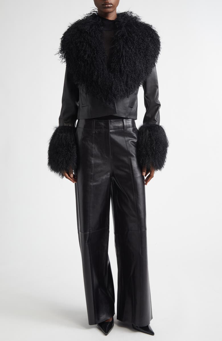 Stand Studio Mim Lambskin & Genuine Shearling Jacket, Alternate, color, Black/ Black