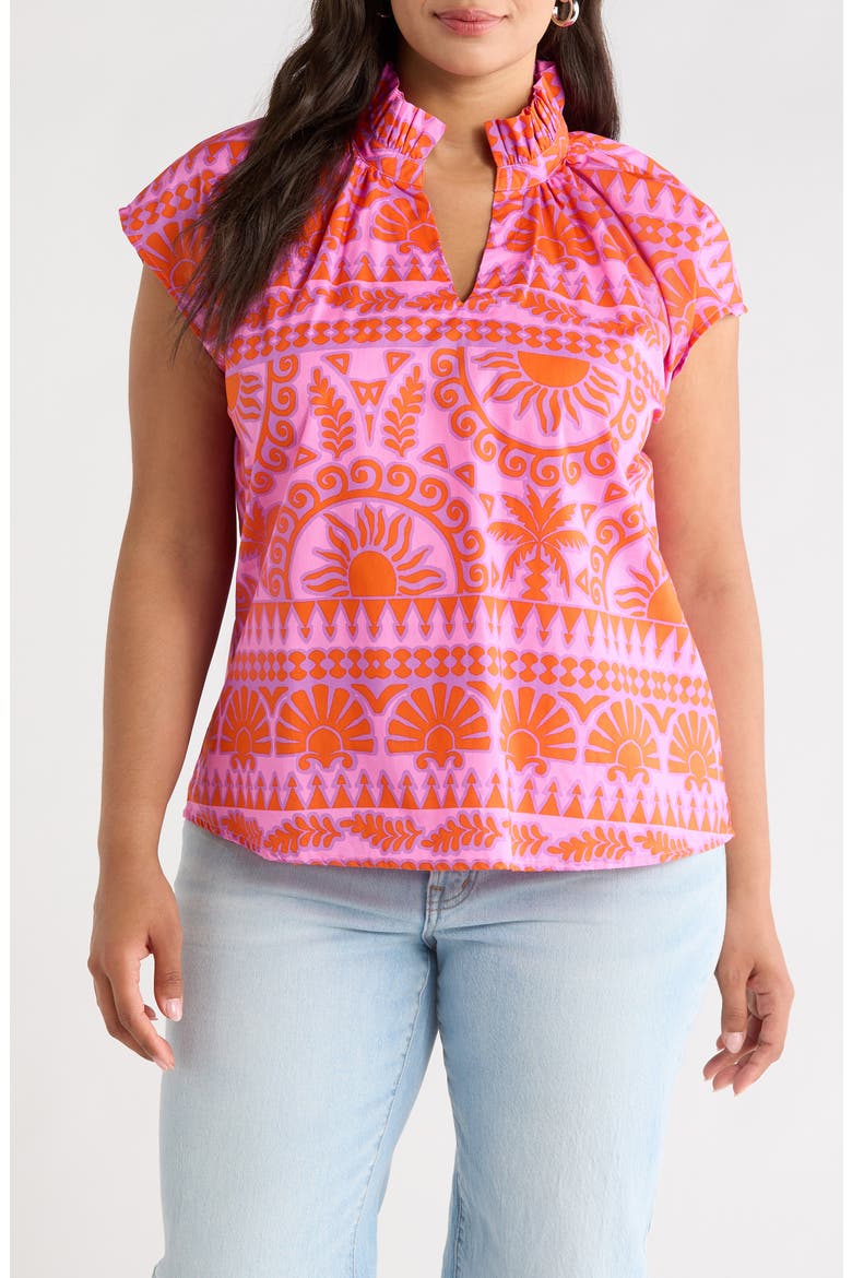 Ikat Ruffle Trim Top, Main, color, PINK-ORANGE