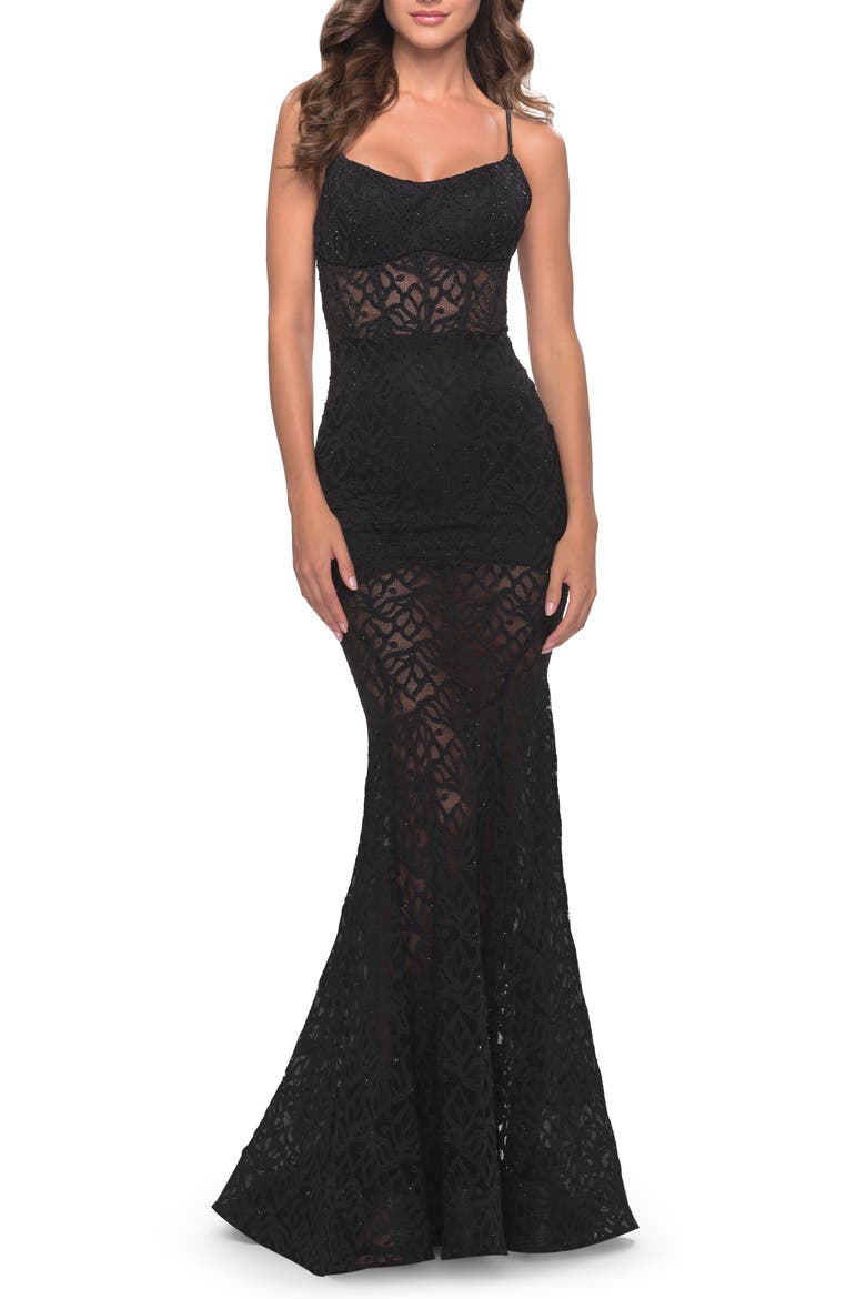 Romper Lace Dress with Sheer Skirt and Lace Up Back, Main, color, Black