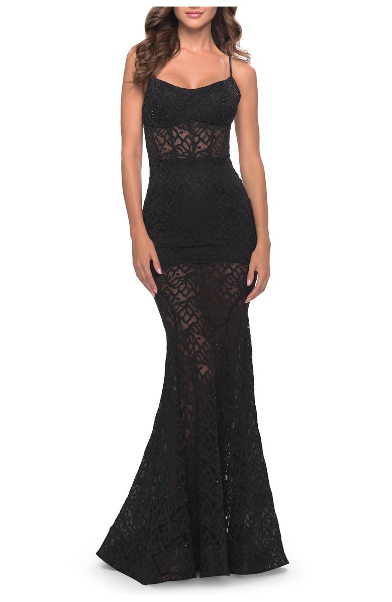 La Femme Romper Lace Dress with Sheer Skirt and Lace Up Back, Main, color, Black