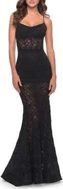 La Femme Romper Lace Dress with Sheer Skirt and Lace Up Back