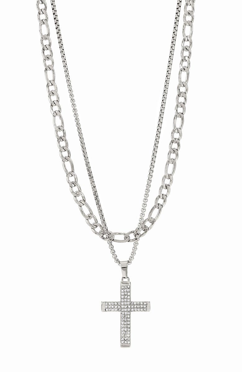 AMERICAN EXCHANGE Men's Set of 2 Figaro Chain & Pavé Crystal Cross Pendant Necklaces, Alternate, color,