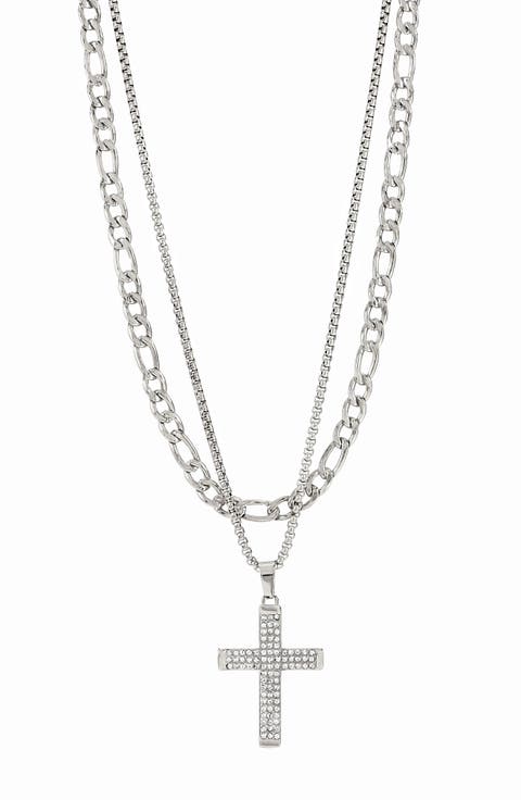 Men's Set of 2 Figaro Chain & Pavé Crystal Cross Pendant Necklaces