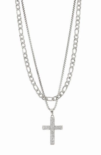 American Exchange Set Of 2 Figaro Chain & Pavé Crystal Cross Pendant Necklaces