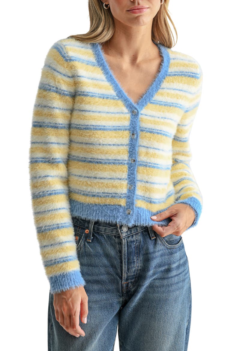 Fluffy Striped Cardigan, Main, color, YELLOW BLUE STRIPE