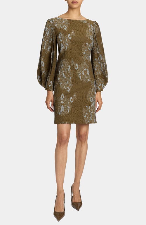 Santorelli Arana Pleated Bishop Sleeves Shift Jacquard Dress In Sand