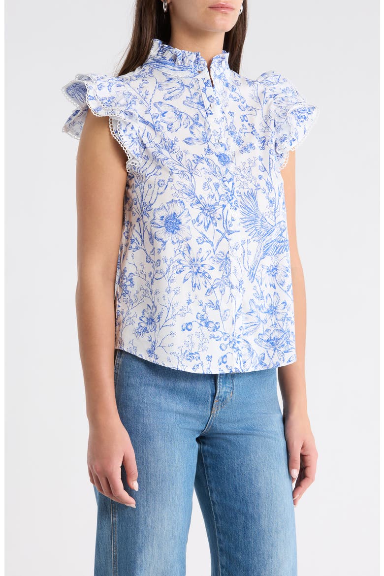 Eve Floral Cotton Button-Up Shirt, Alternate, color, BLUE-WHITE