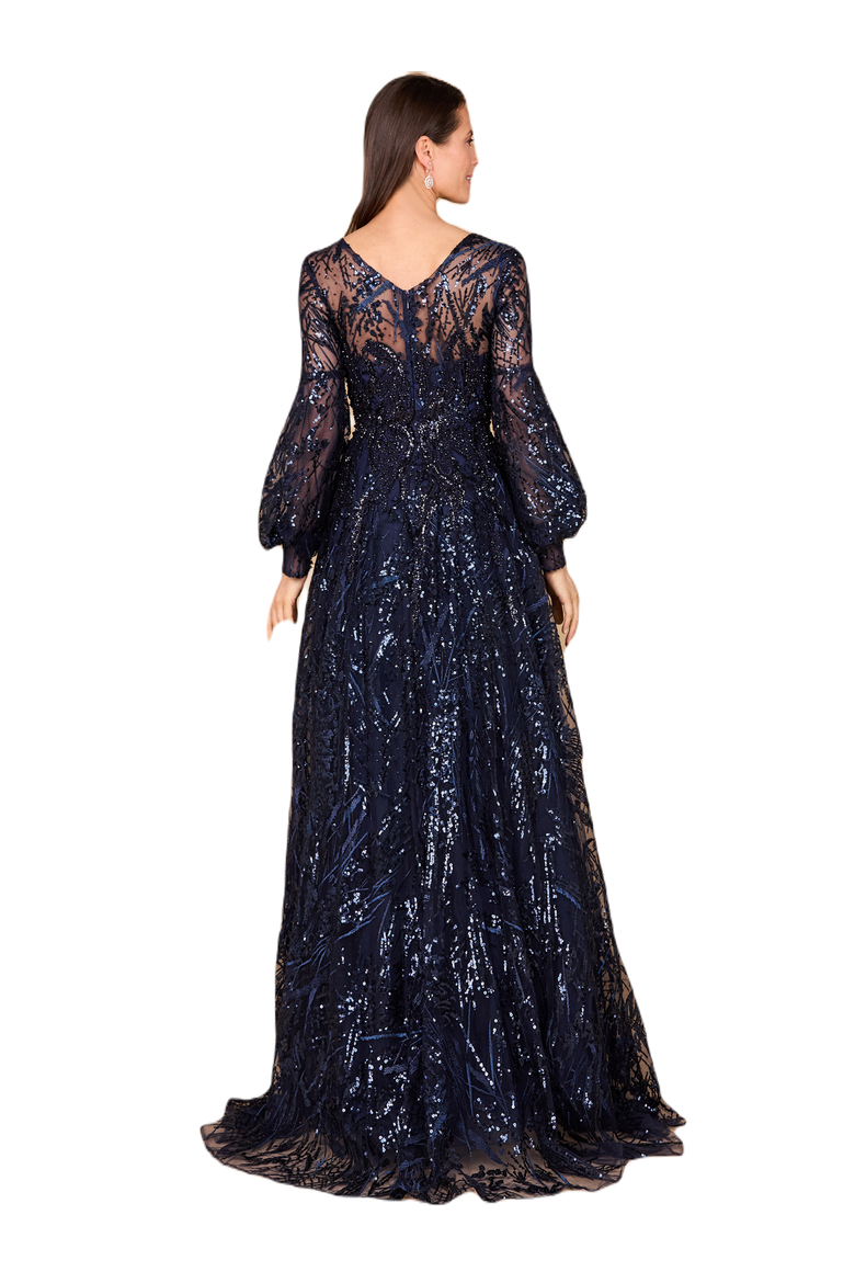 V Neckline Long Sleeve Gown, Alternate, color, Navy